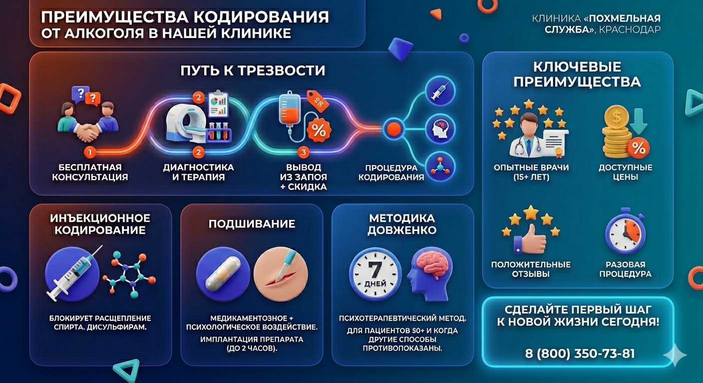 Инфографика о методах кодирования от алкоголя в Нижней Иволге: инъекции, подшивание, метод Довженко. Преимущества клиники и этапы лечения.